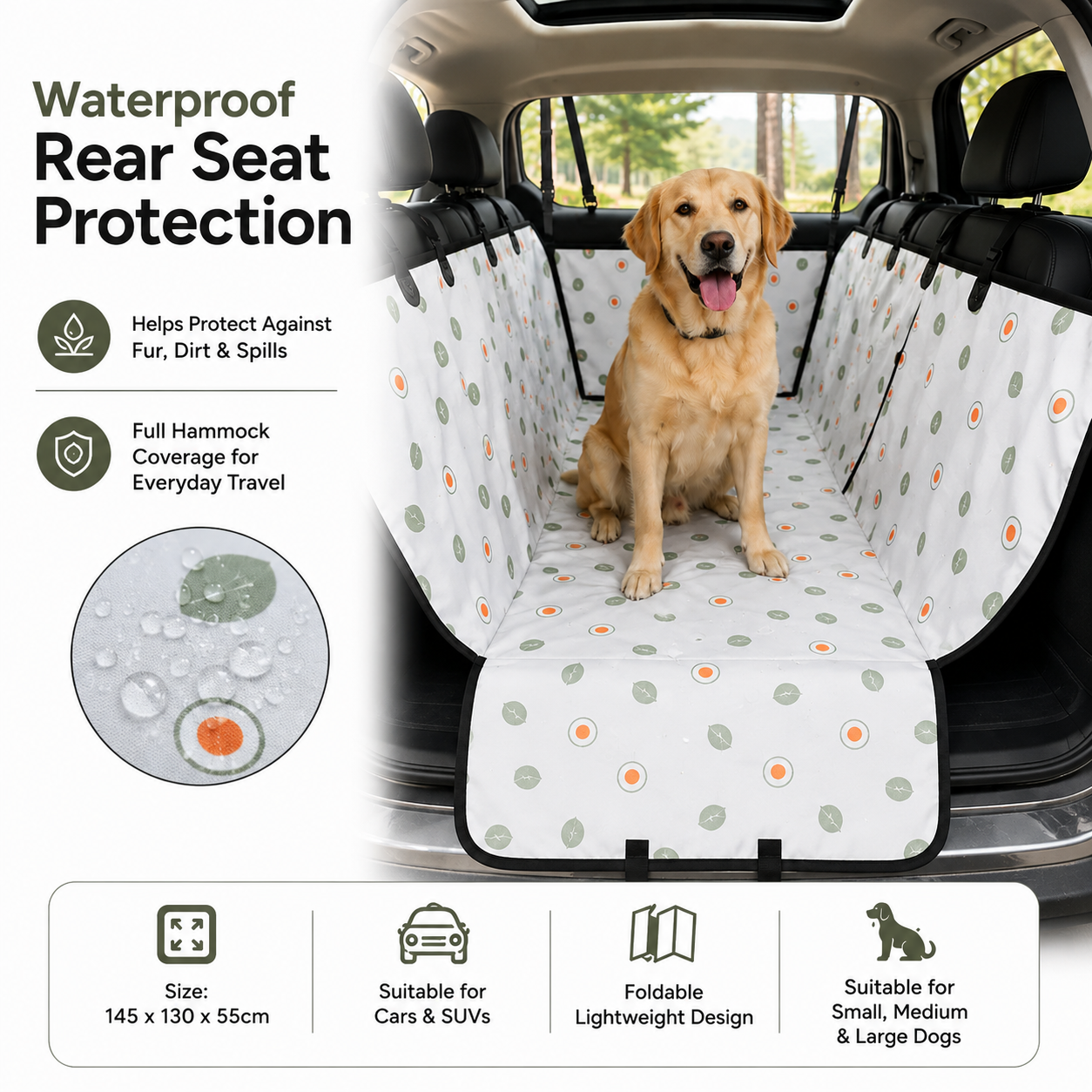Waterproof Pet Travel Hammock Rear Seat Cover for Small Medium and Large Dogs - White