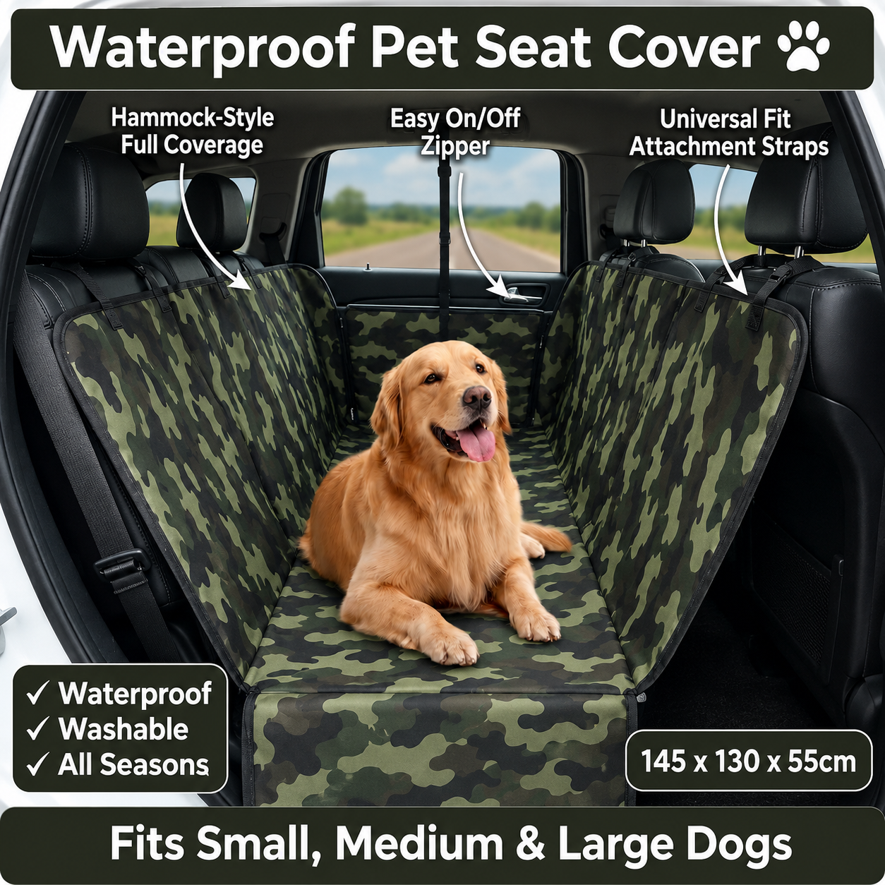Waterproof Pet Travel Hammock Rear Seat Cover for Small Medium and Large Dogs - Camouflage