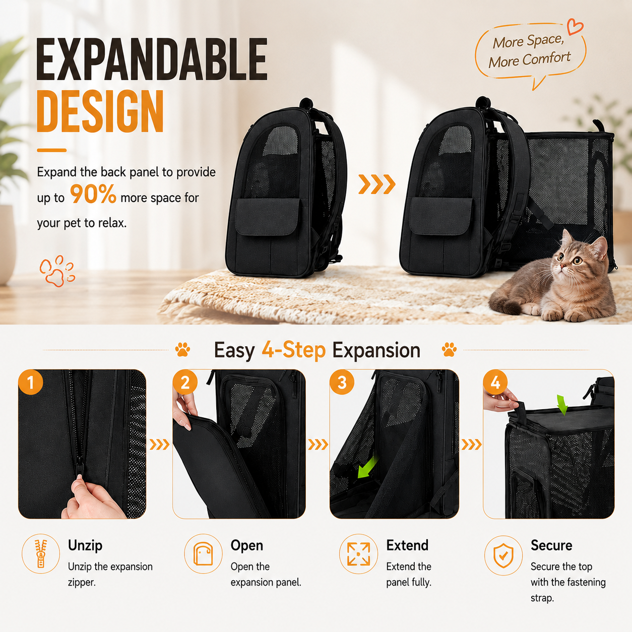 Breathable Pet Carrier Backpack with Expandable Design and Shade Cover for Travel - Black