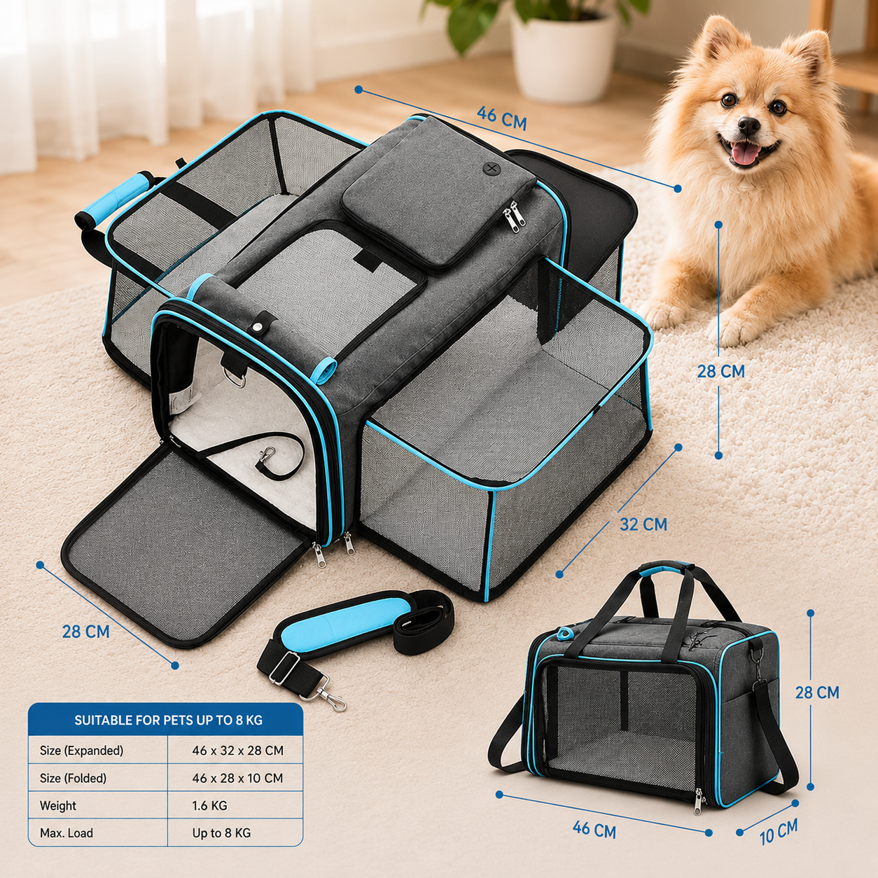 Foldable Pet Carrier Handbag for Cats and Small Dogs - Blue