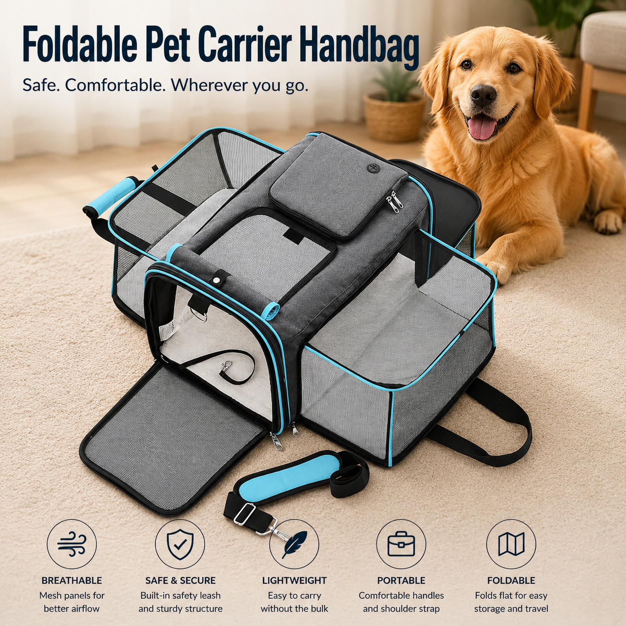 Foldable Pet Carrier Handbag for Cats and Small Dogs - Blue