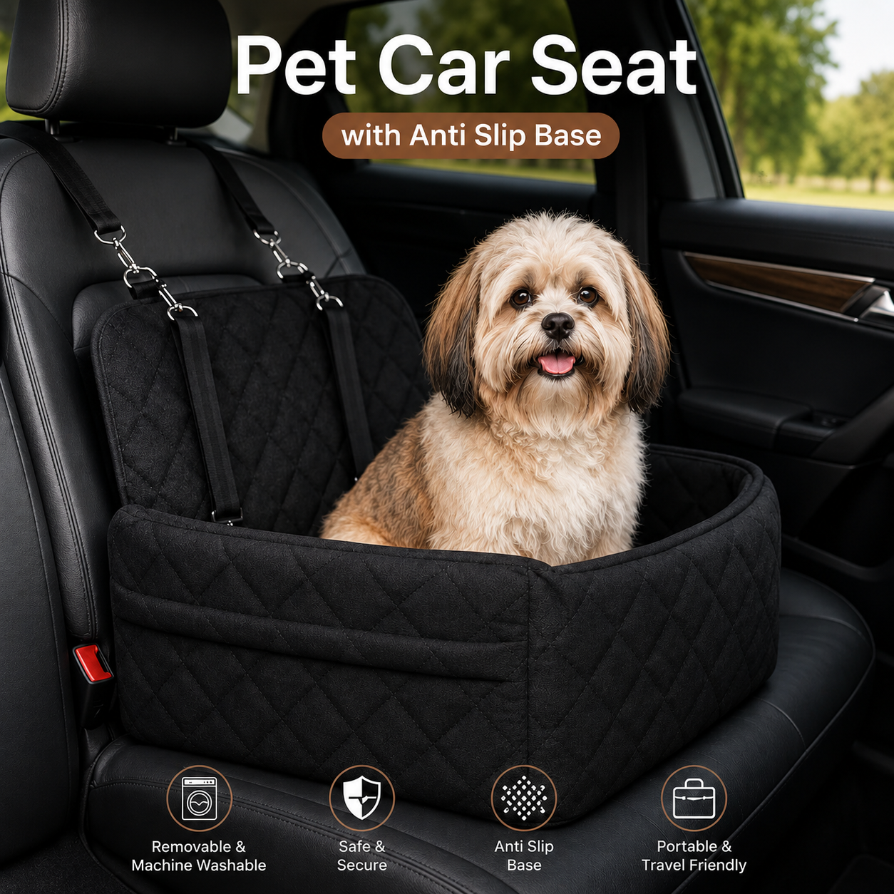 Portable Pet Car Travel Seat with Removable Cushion Anti-Slip Base for Small Dogs and Cats