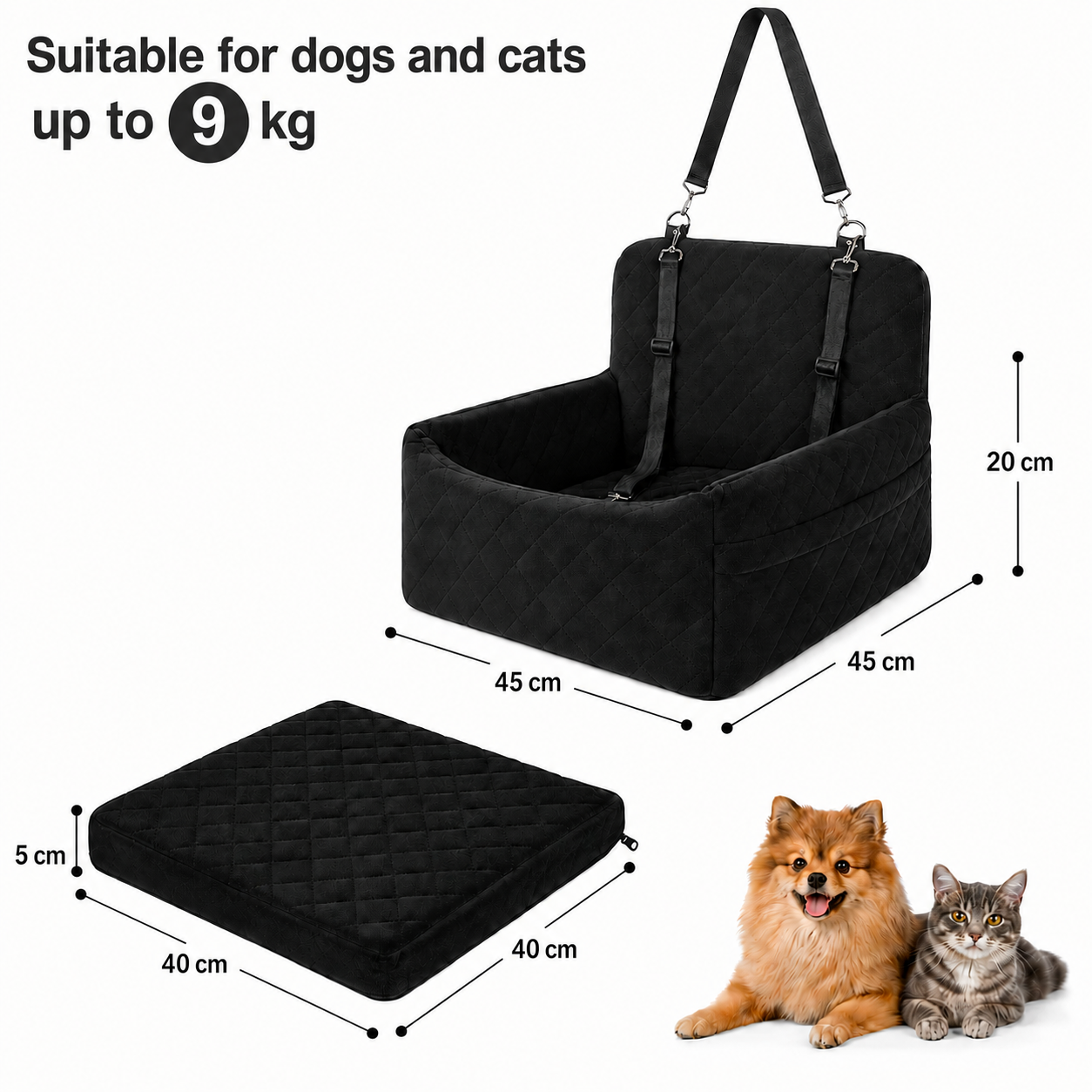 Portable Pet Car Travel Seat with Removable Cushion Anti-Slip Base for Small Dogs and Cats