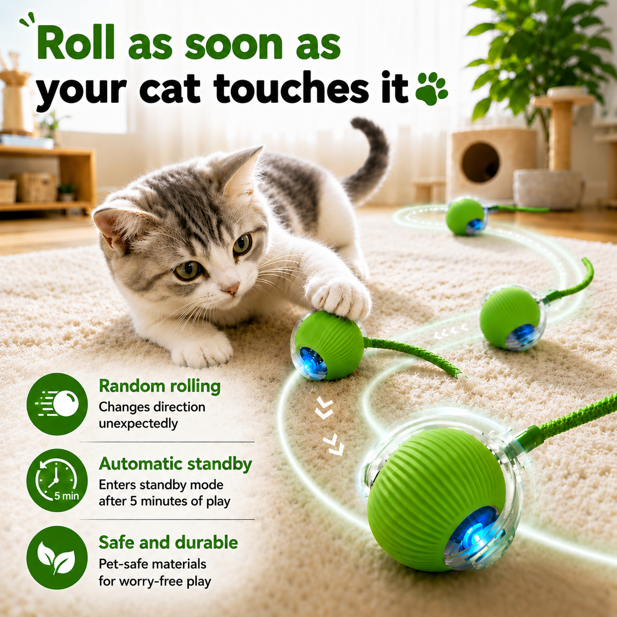 Interactive Automatic Ball with Teaser Stick Cat Toy - Green