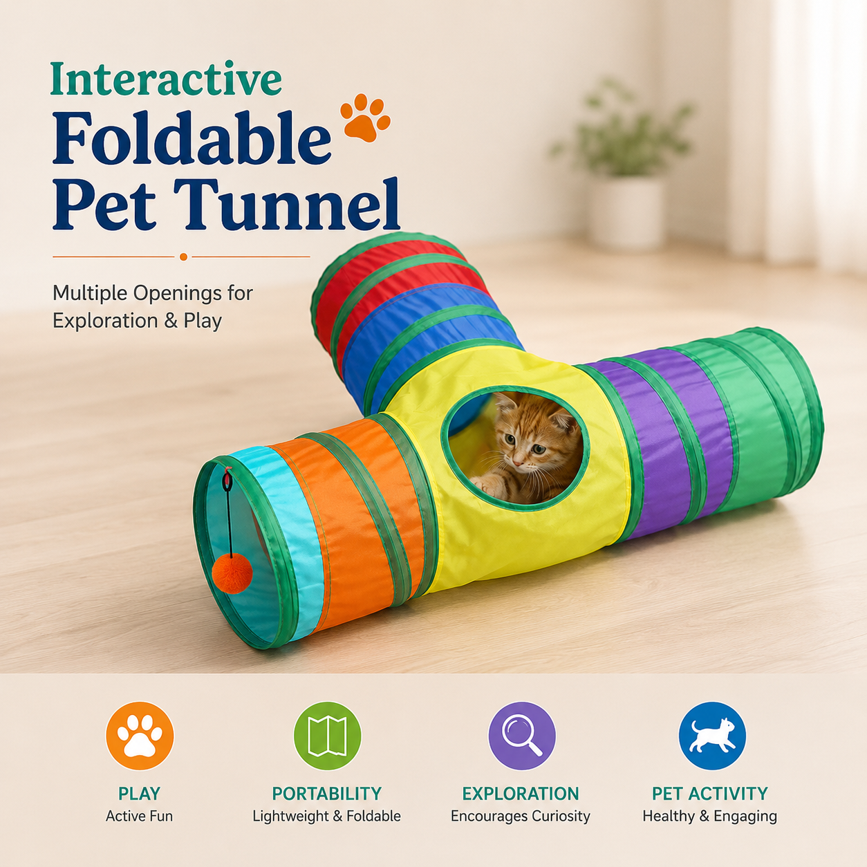 Foldable Cat Tunnel Play Toy with Hanging Ball for Indoor and Outdoor Pets