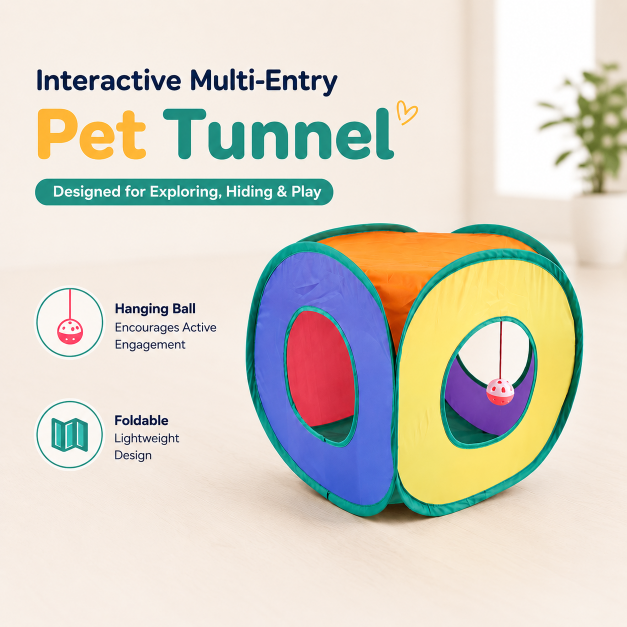Multi-Entry Collapsible Cat Tunnel Toy with Hanging Ball and Foldable Design