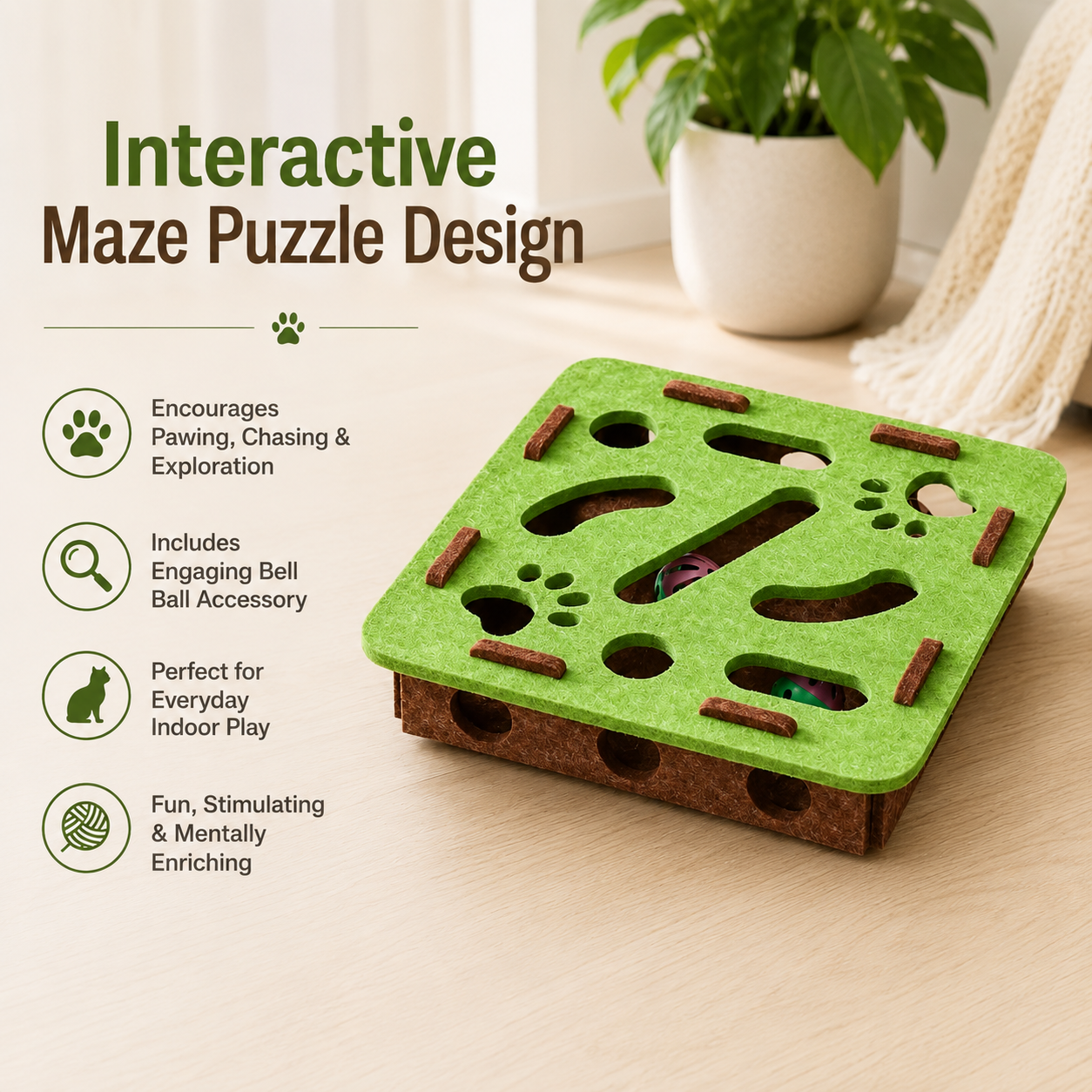 Interactive Felt Cat Puzzle Box Toy with Bell Ball and Maze Play Design - Square Green