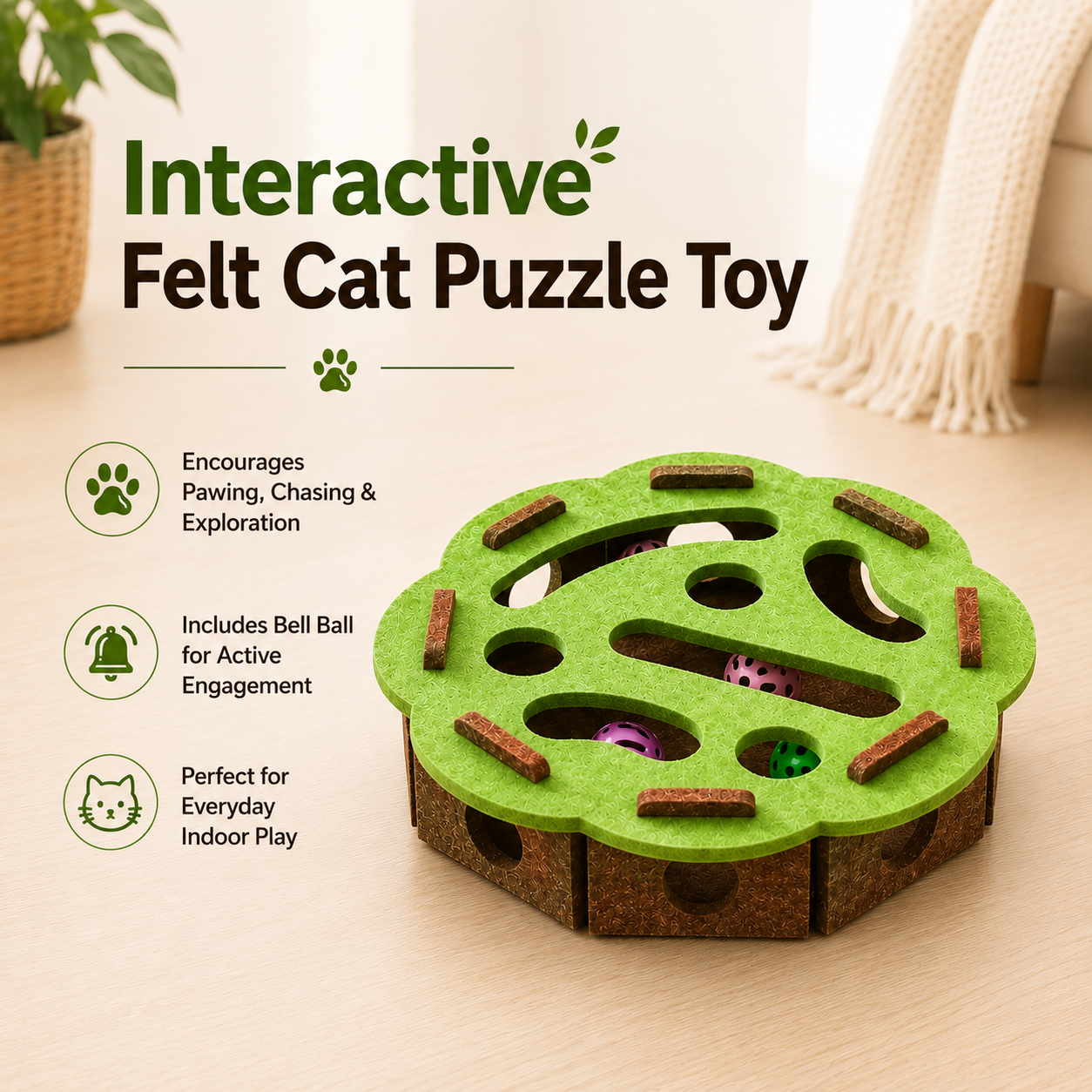 Interactive Felt Cat Puzzle Toy with Maze Holes - Round Green