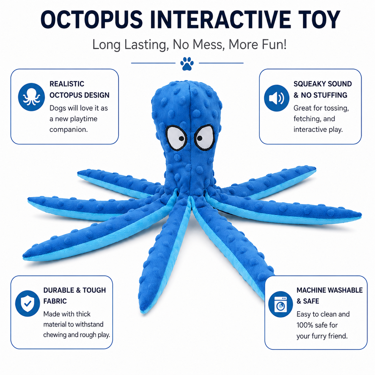 Octopus Squeaky Dog Toy with Crinkle Legs for Puppies and Small Dogs - Blue