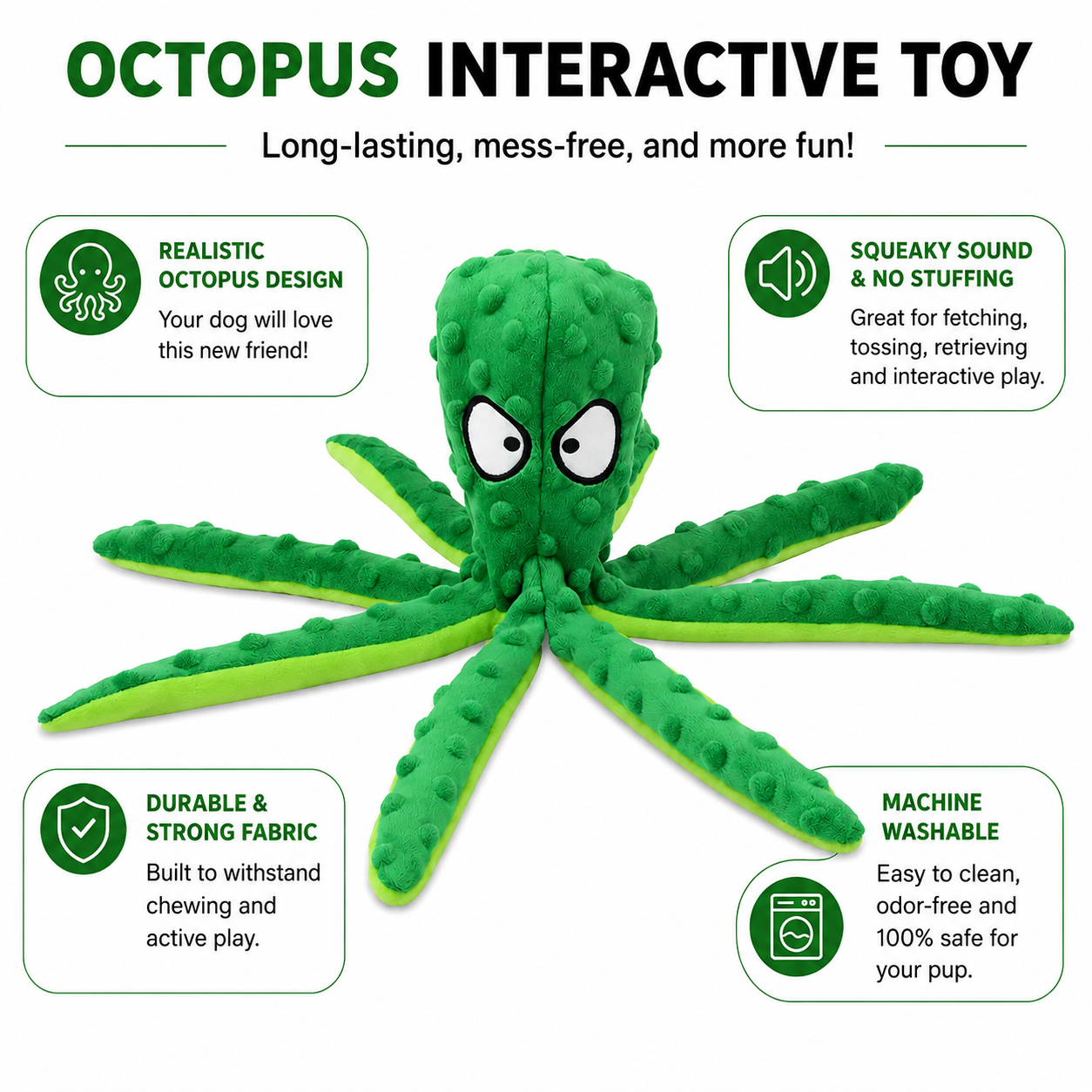 Interactive Octopus Squeaky Dog Toy with Crinkle Legs for Puppies and Small Dogs - Green