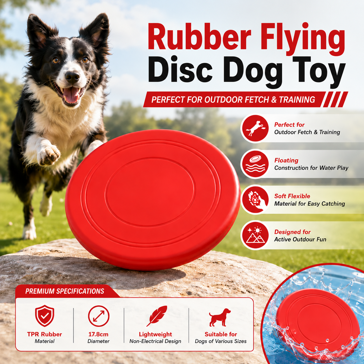 Rubber Flying Disc Dog Toy for Outdoor Fetch and Training Play - Red