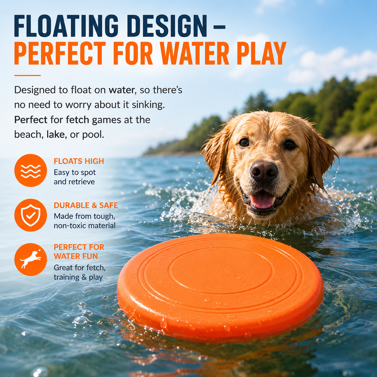 Floating Frisbee Dog Toy with Soft Grip Rubber Design for Outdoor Training - Orange
