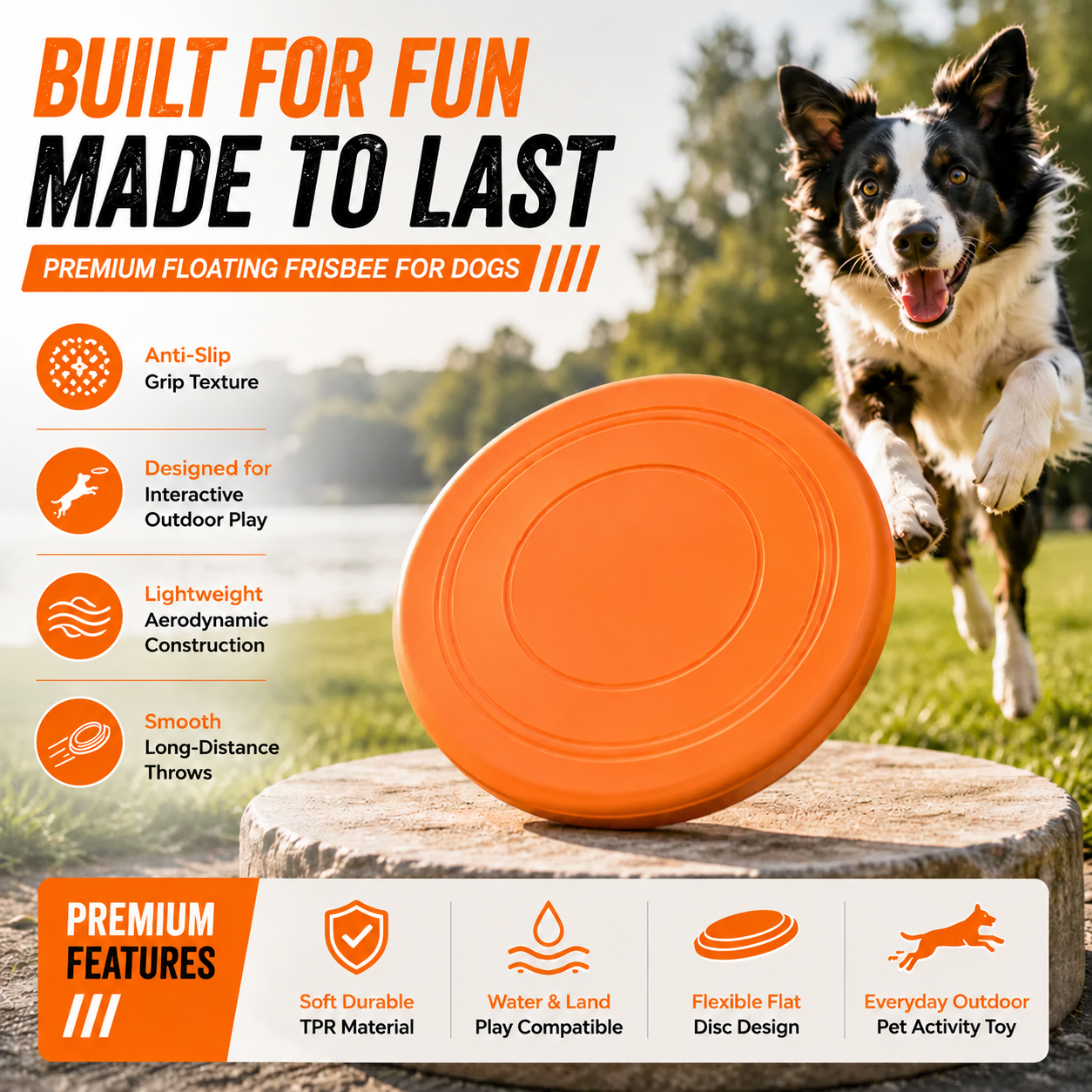 Floating Frisbee Dog Toy with Soft Grip Rubber Design for Outdoor Training - Orange