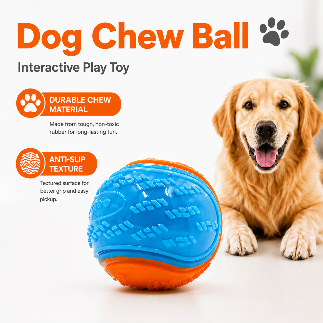 Silicone Dog Chew Ball Squeaky Teeth Cleaning Toy for Puppies and Dogs - Orange Blue