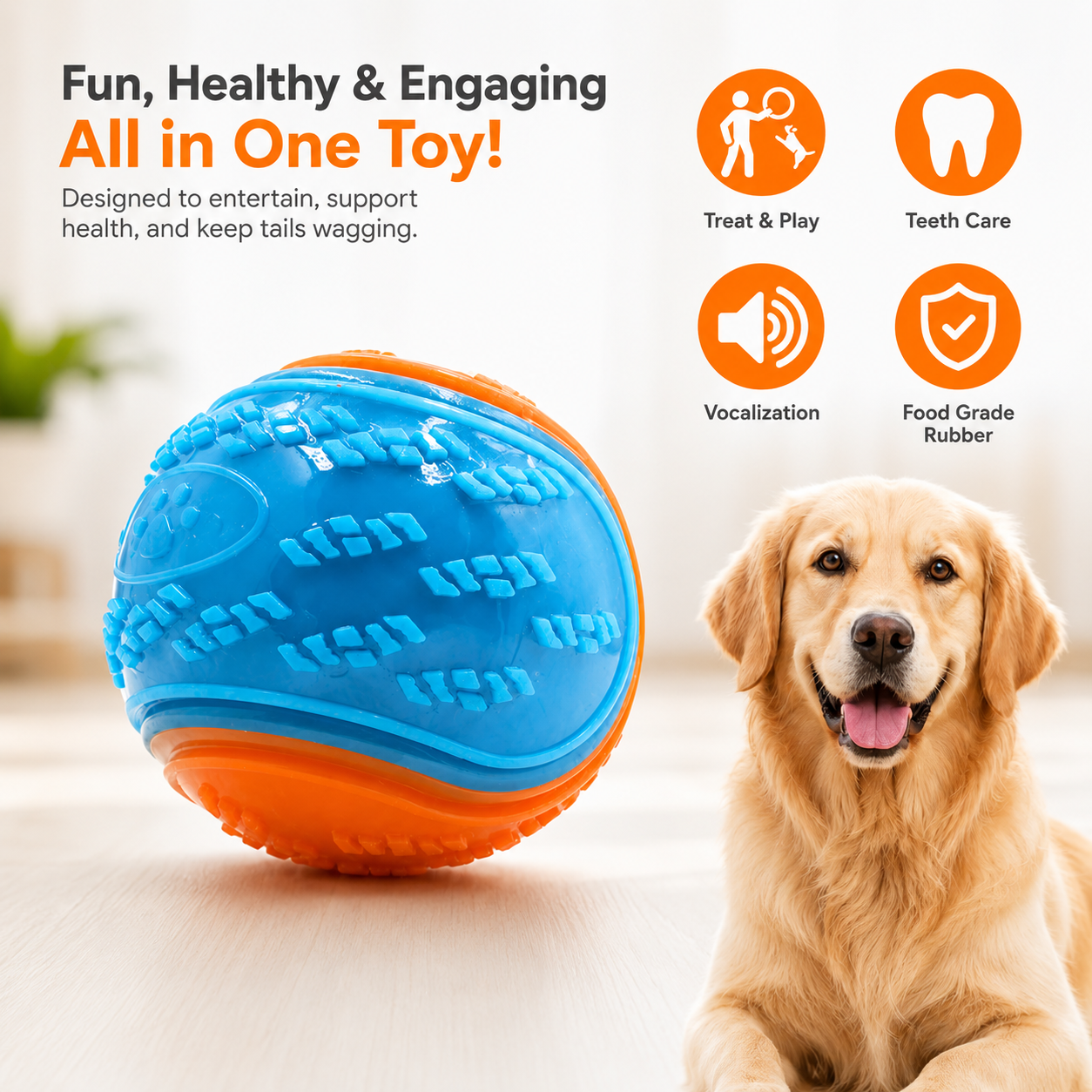 Silicone Dog Chew Ball Squeaky Teeth Cleaning Toy for Puppies and Dogs - Orange Blue