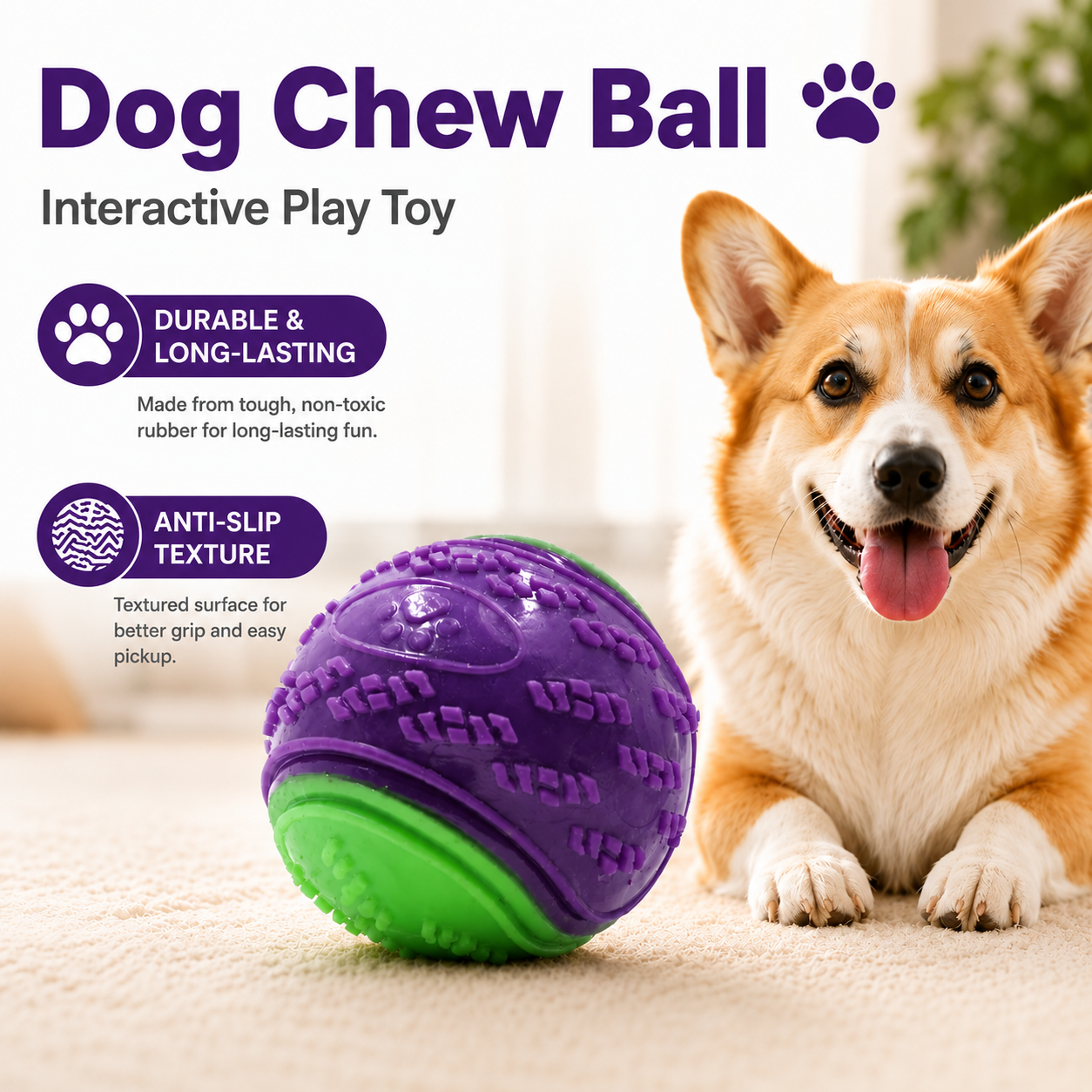 Silicone Dog Chew Ball Squeaky Training Toy for Puppies and Dogs - Green Violet
