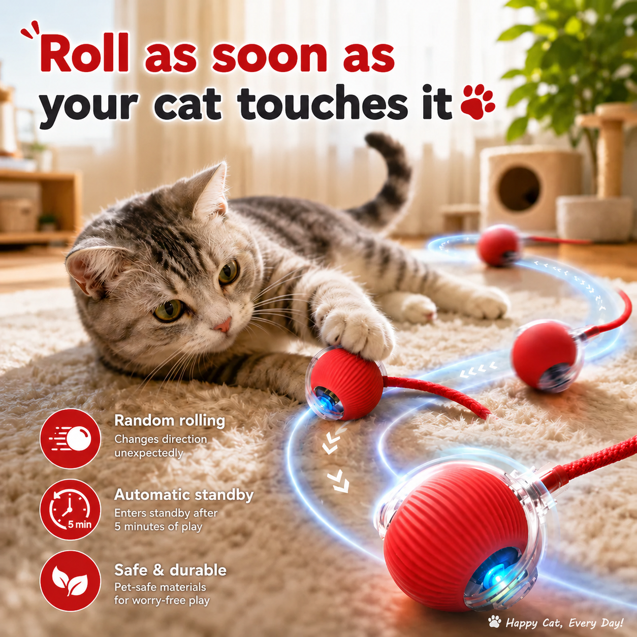 Interactive Automatic Cat Ball Toy with Teaser Stick - Red