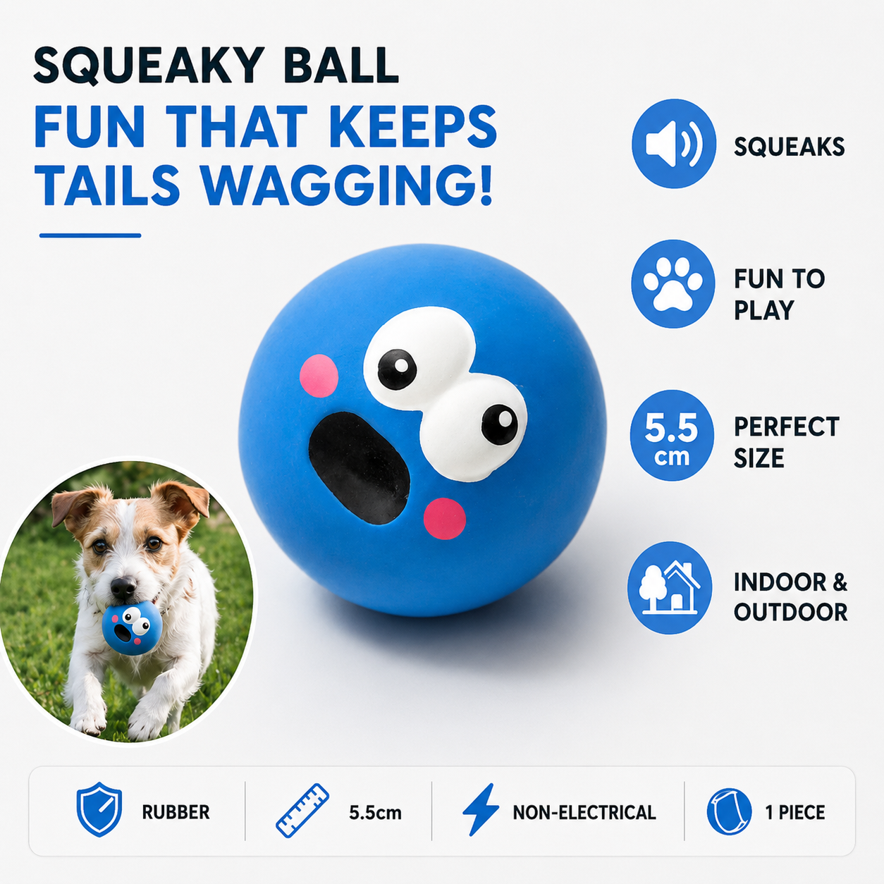 Squeaky Rubber Dog Ball Bite Resistant Chew Toy for Interactive Play - Blue