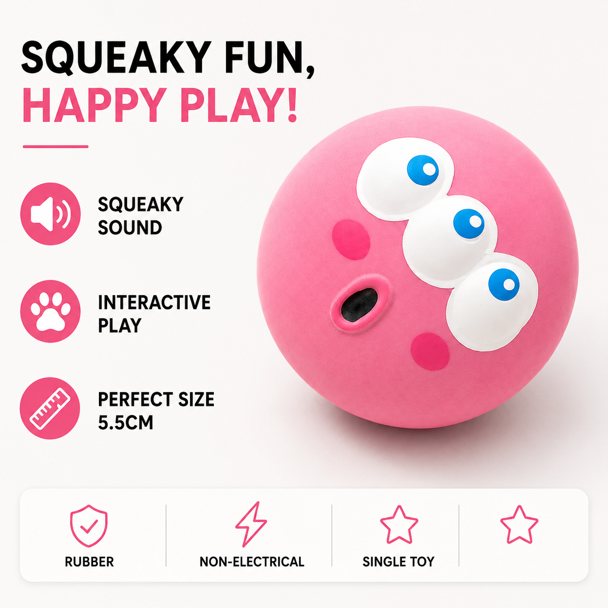 Squeaky Rubber Dog Ball Bite Resistant Chew Toy for Interactive Play - Pink