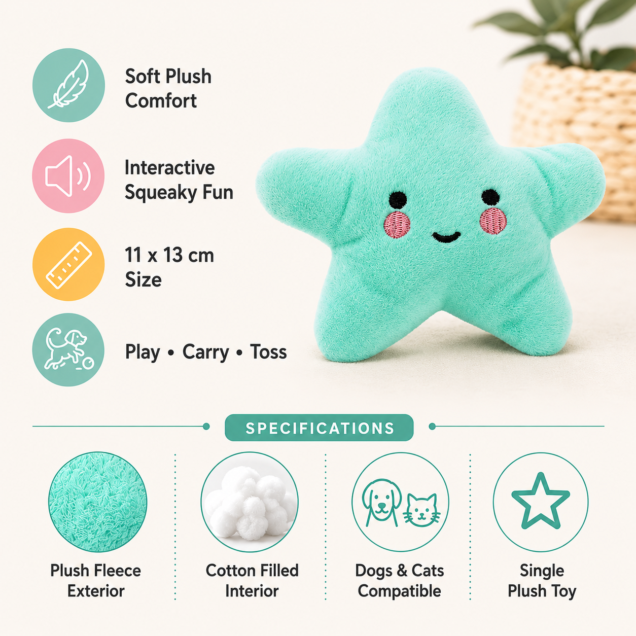 Interactive Plush Star Pet Toy with Squeaker Soft Play and Chew Toy for Dogs and Cats - Green