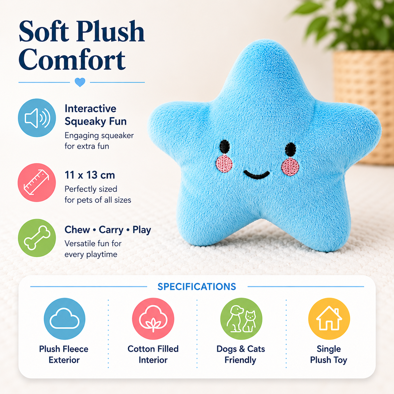 Plush Star Squeaky Toy with Soft Chew Design for Dogs and Cats - Light Blue