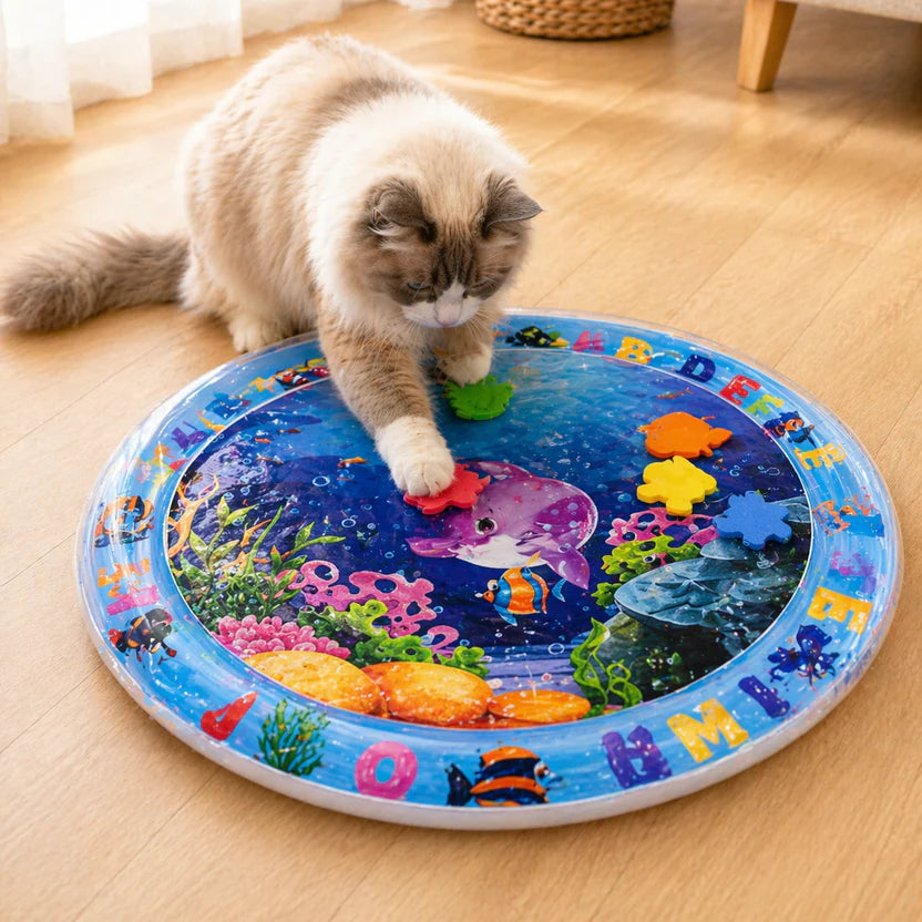 Round Cat Sensory Water Mat Interactive Cooling Play Pad for Indoor Pets