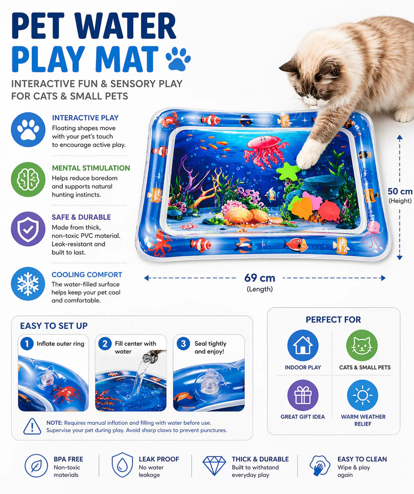 Square Cat Sensory Water Play Mat Durable PVC Interactive Cooling Toy for Pets