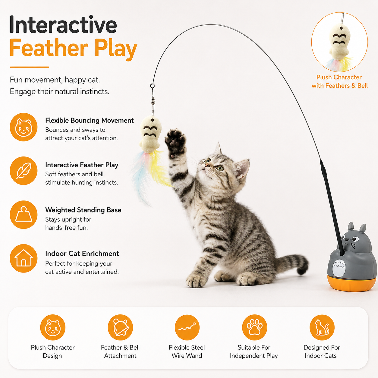 Cat Feather Teaser Toy with Flexible Steel Wire and Suction Cup Holder