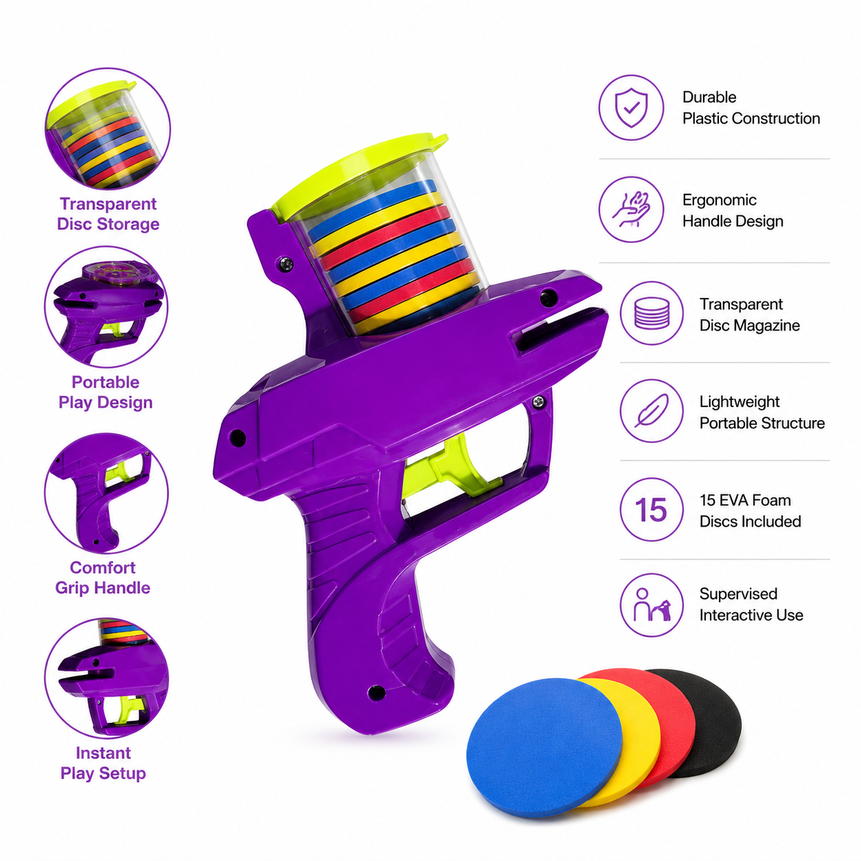 Creative Turnip Disc Launcher Interactive Pet Toy with 15 Reusable Foam Discs - Purple