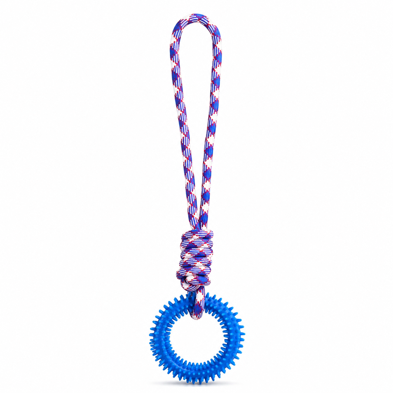 Durable Knot Rope Dog Toy with Textured Rubber Ring for Active Dogs - Blue