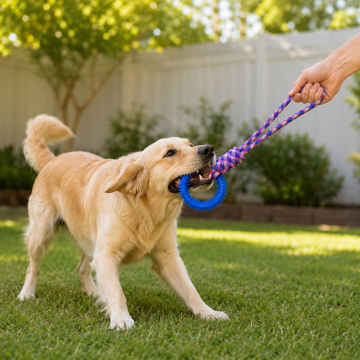 Durable Knot Rope Dog Toy with Textured Rubber Ring for Active Dogs - Blue