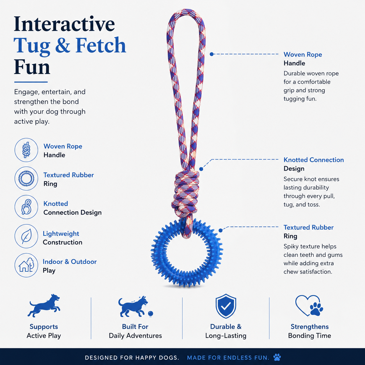 Durable Knot Rope Dog Toy with Textured Rubber Ring for Active Dogs - Blue