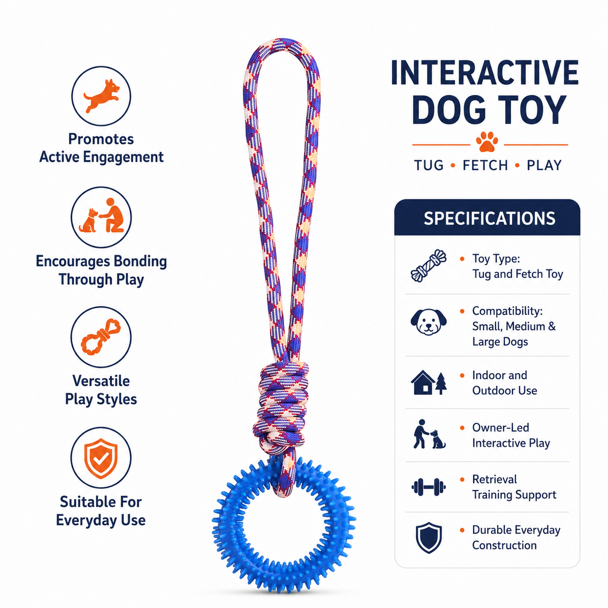 Durable Knot Rope Dog Toy with Textured Rubber Ring for Active Dogs - Blue