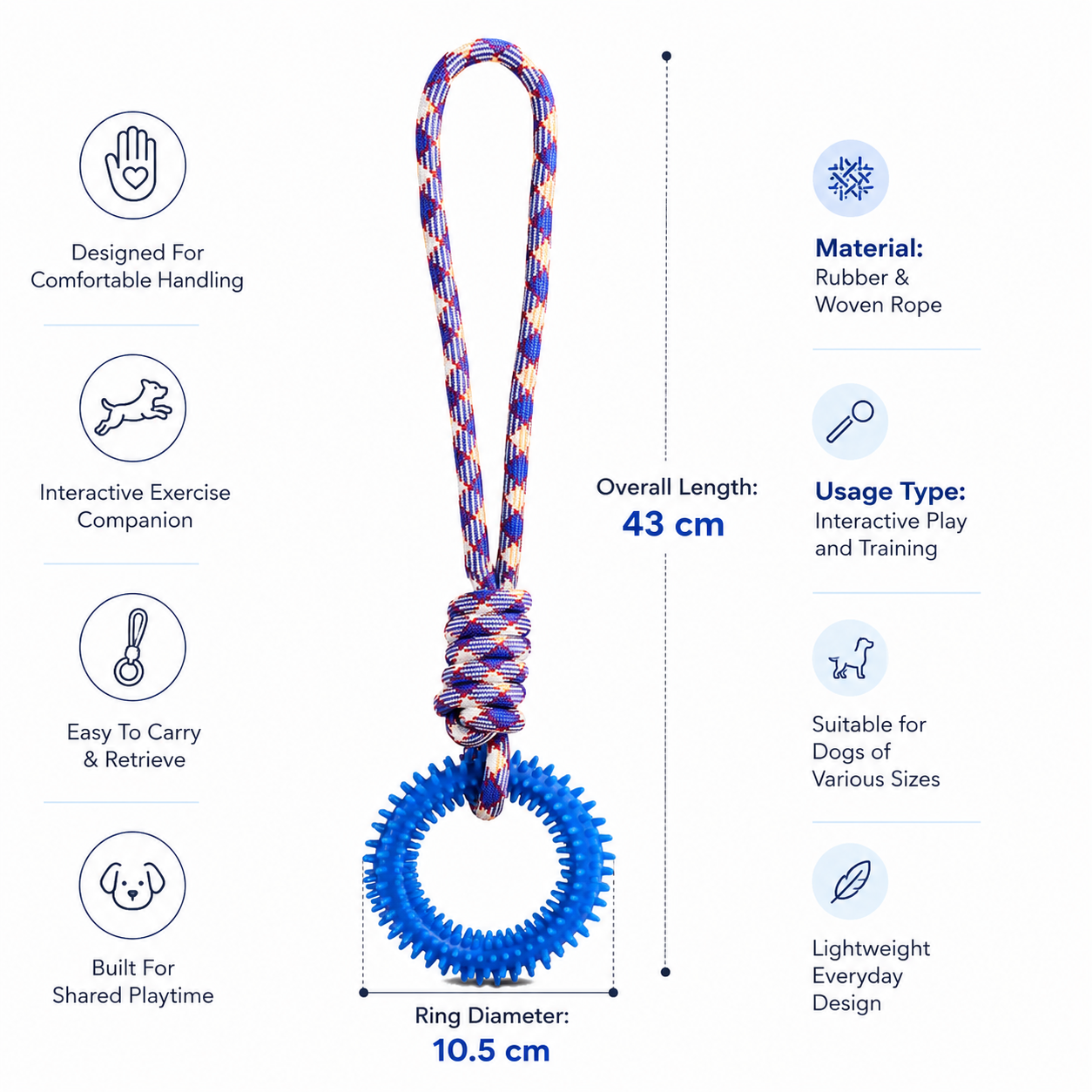 Durable Knot Rope Dog Toy with Textured Rubber Ring for Active Dogs - Blue