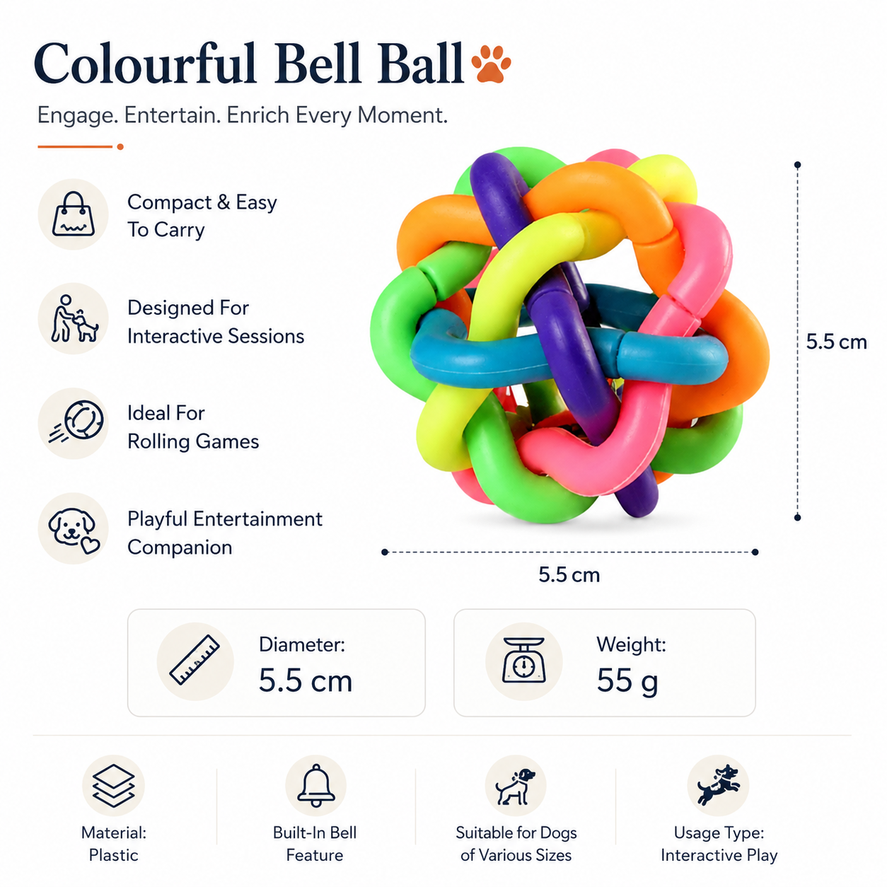 Colourful Dog Ball Toy with Bell for Interactive Fetch and Everyday Play