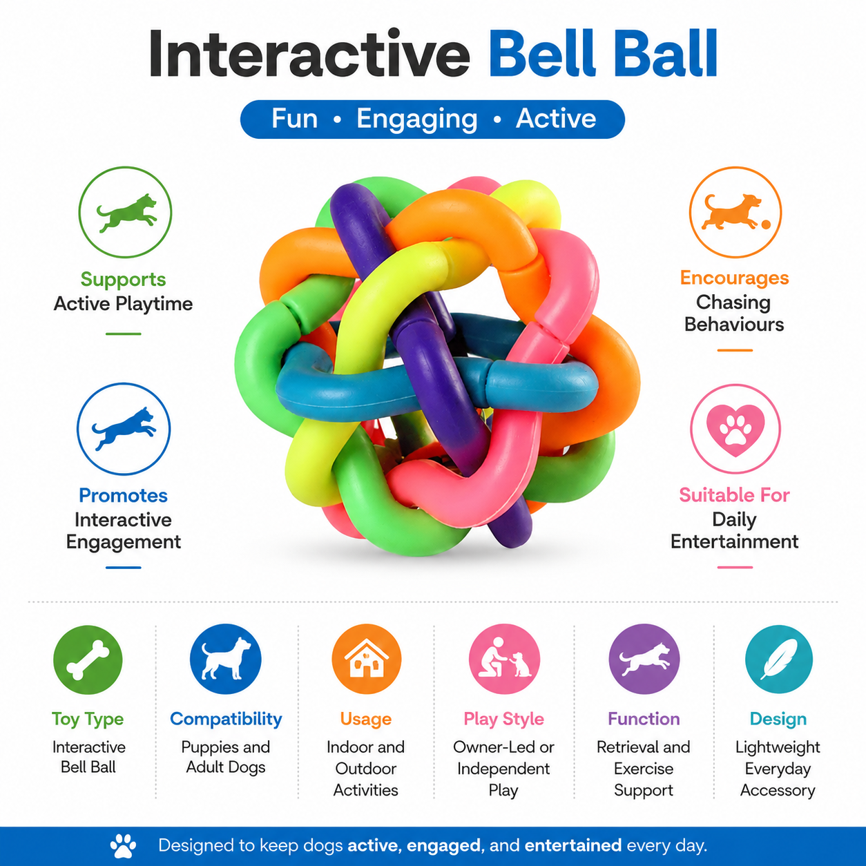 Colourful Dog Ball Toy with Bell for Interactive Fetch and Everyday Play