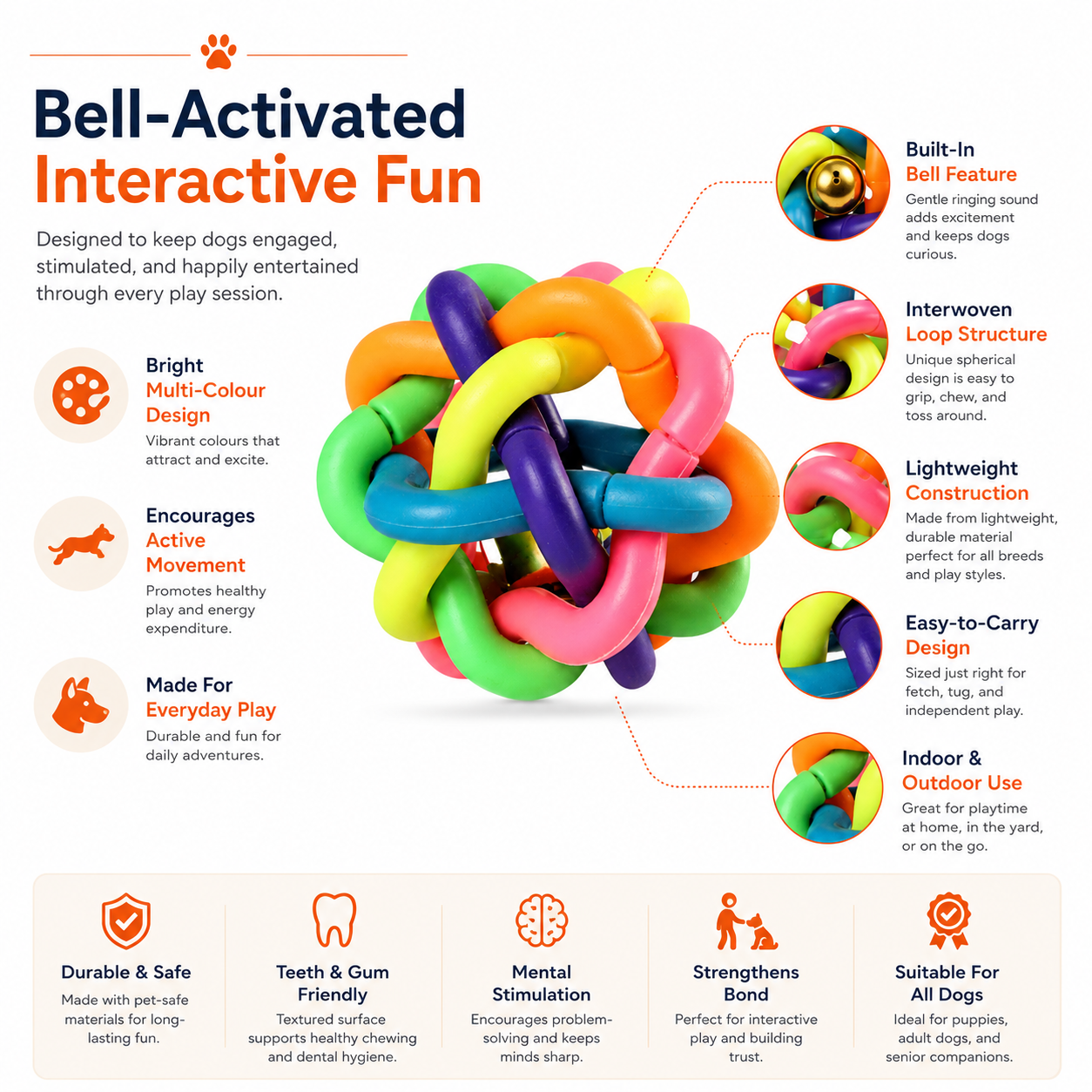 Colourful Dog Ball Toy with Bell for Interactive Fetch and Everyday Play