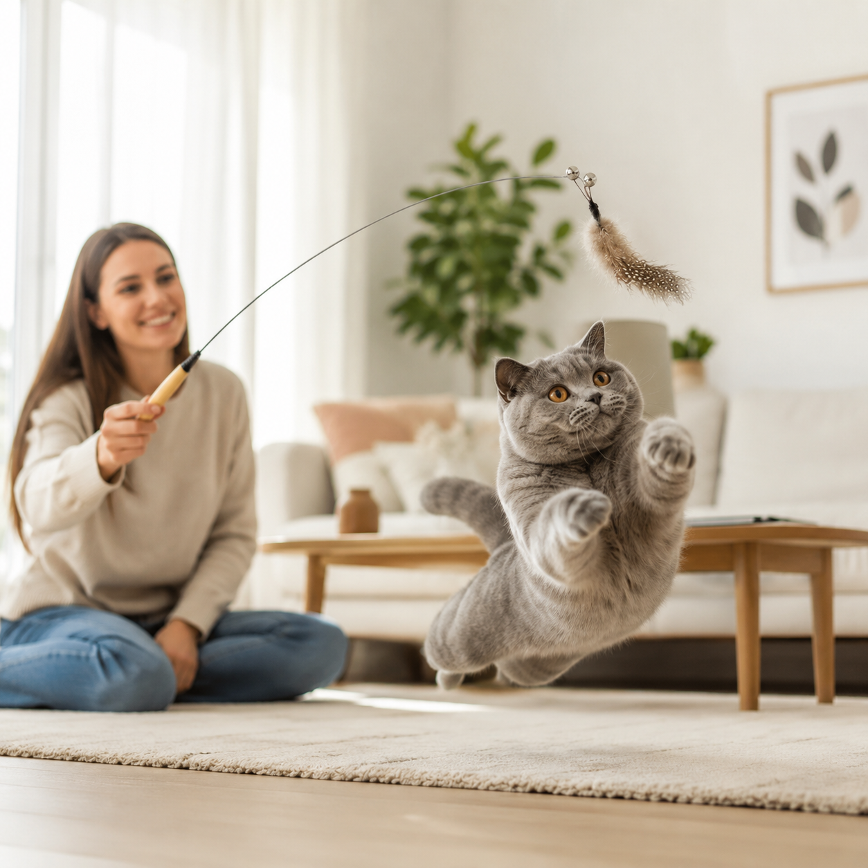 Interactive Cat Wand Toy with Feather, Spring and Bell for Kitten Play