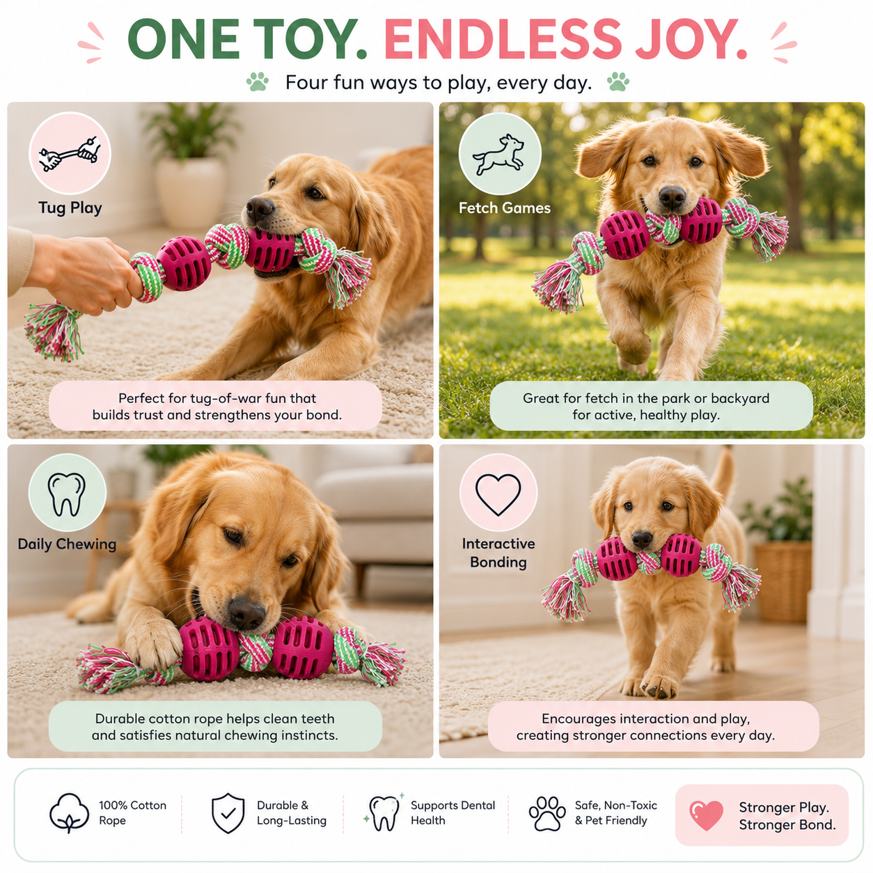 Double Knot Cotton Rope Dog Toy with Ball Durable Chew - Red