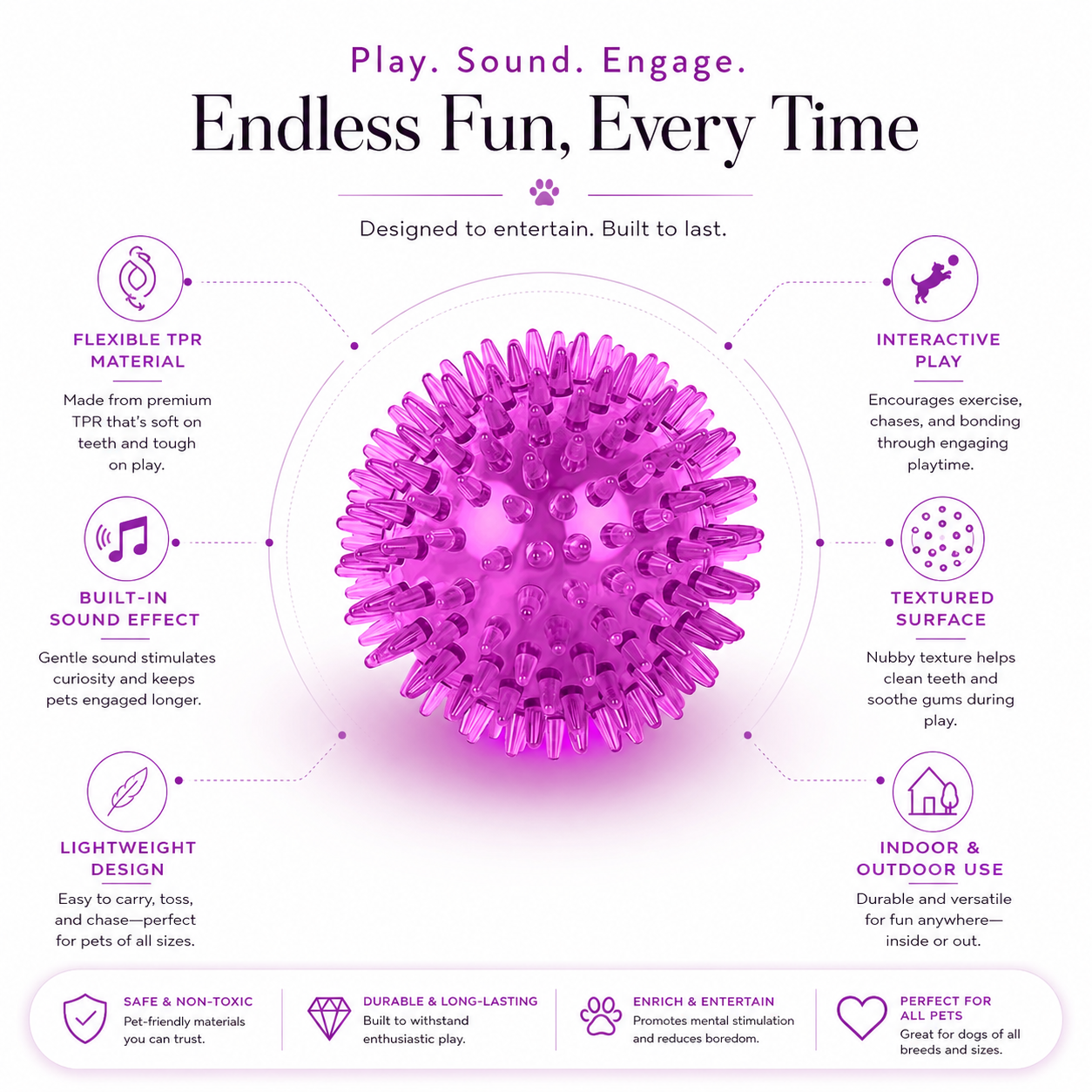 Multi-Size Interactive Pet Ball Toy for Dogs Chew Fetch and Play - Purple