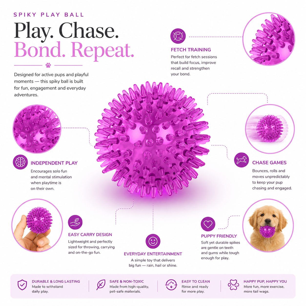 Multi-Size Interactive Pet Ball Toy for Dogs Chew Fetch and Play - Purple