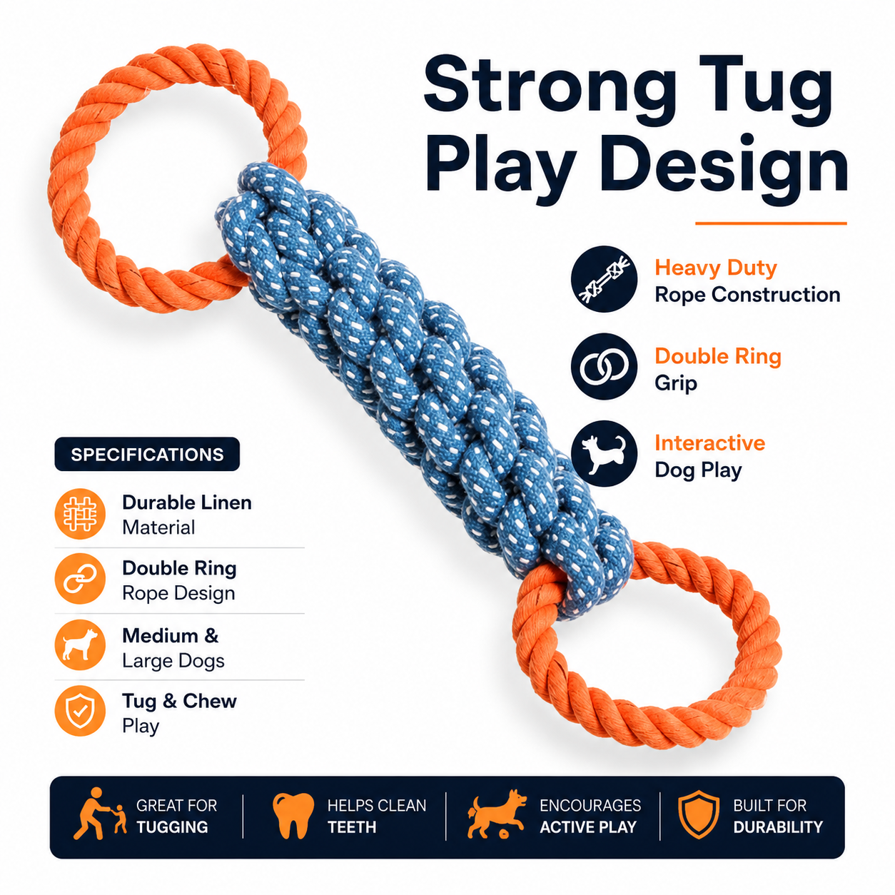 Heavy Duty Double Ring Rope Dog Toy Bite Resistant Tug and Chew Toy for Dogs - Blue