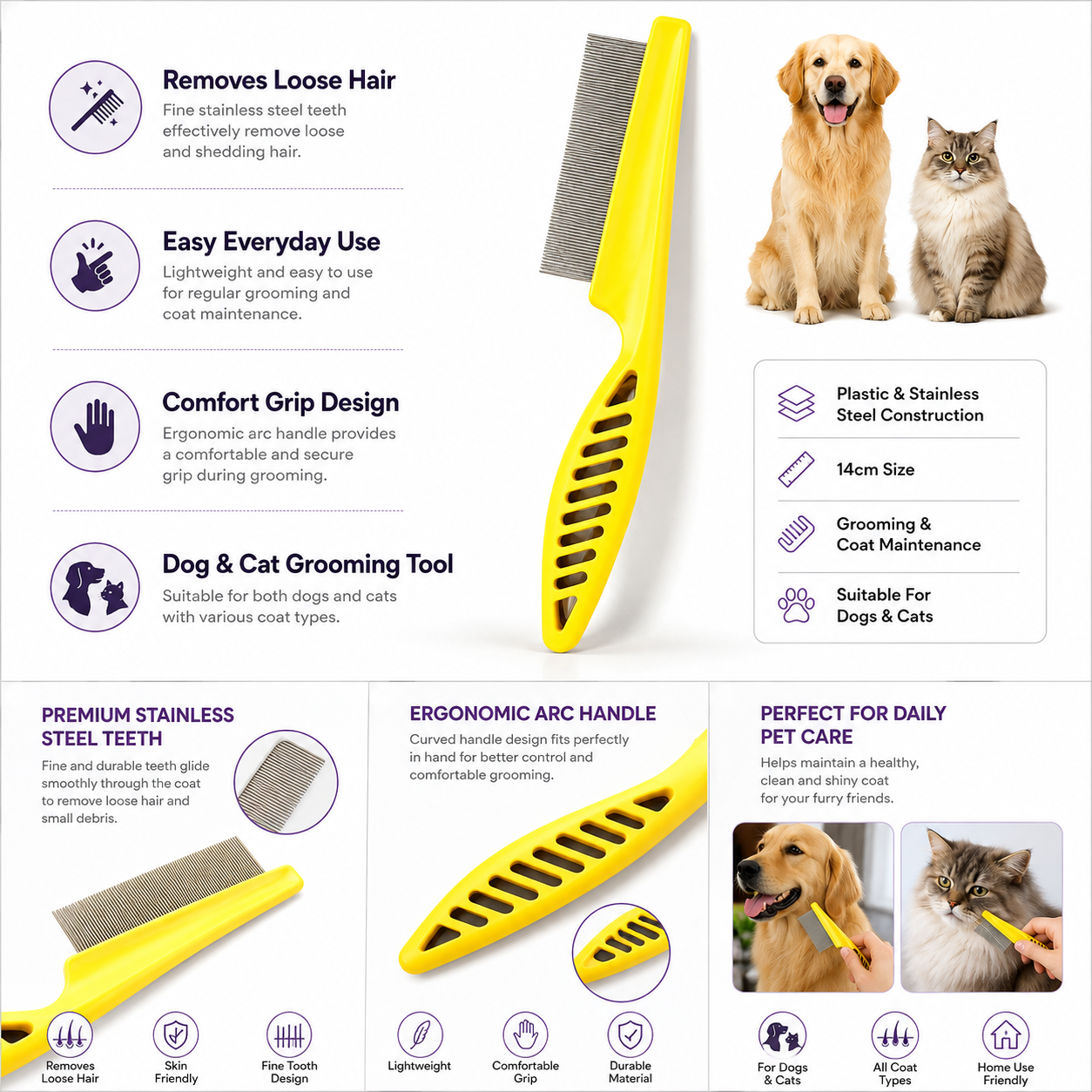 Portable Pet Hair Removal Comb with Comfortable Grip for Dogs and Cats - Yellow