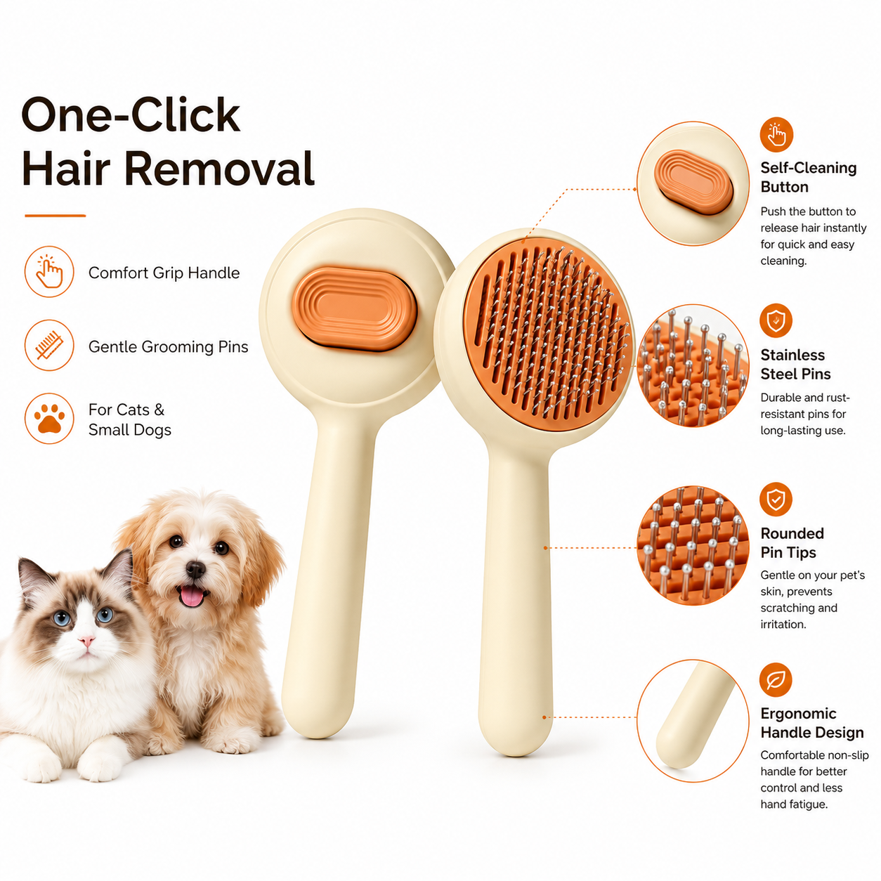Adjustable Self-Cleaning Pet Hair Remover Brush for Cats and Small Dogs - Orange