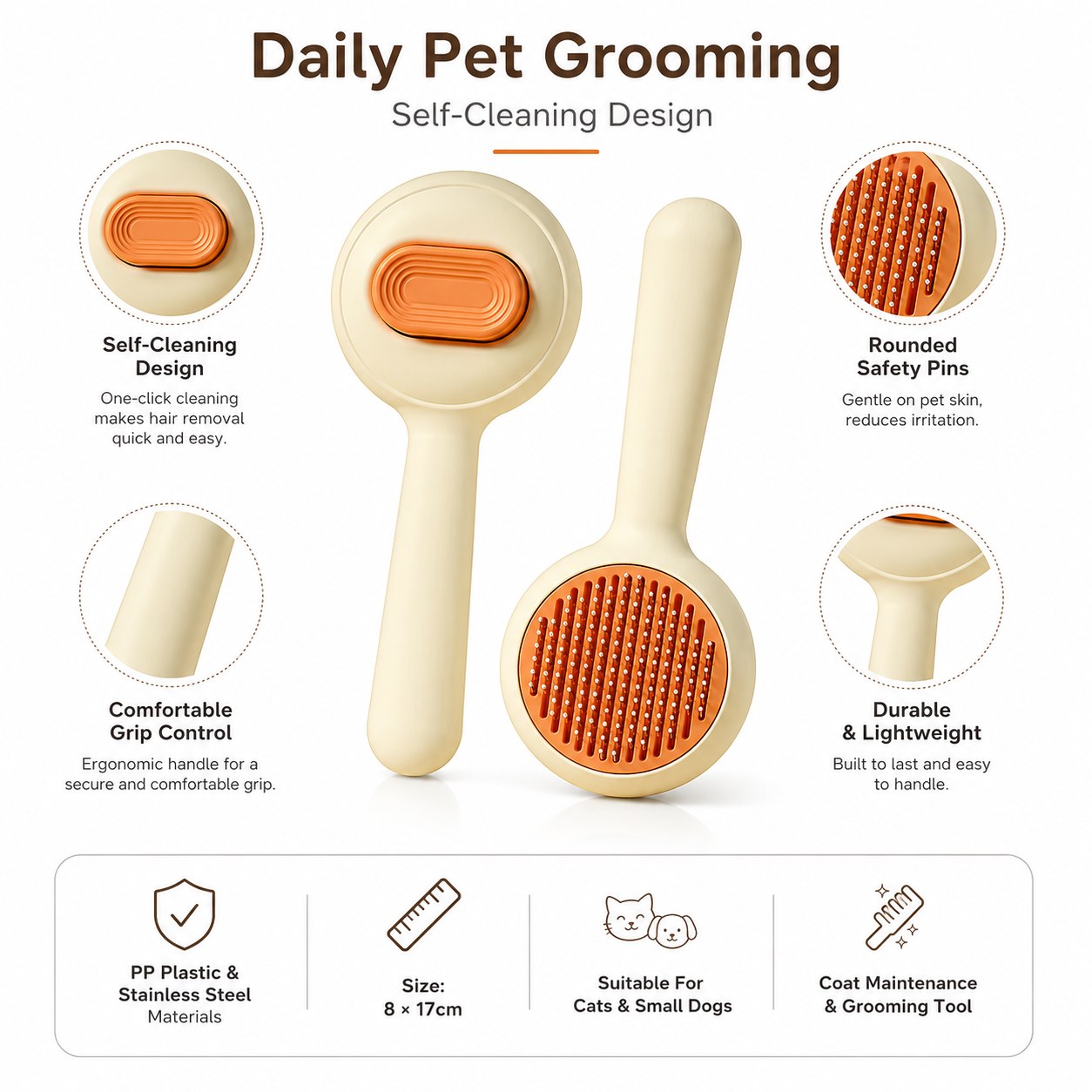 Adjustable Self-Cleaning Pet Hair Remover Brush for Cats and Small Dogs - Orange