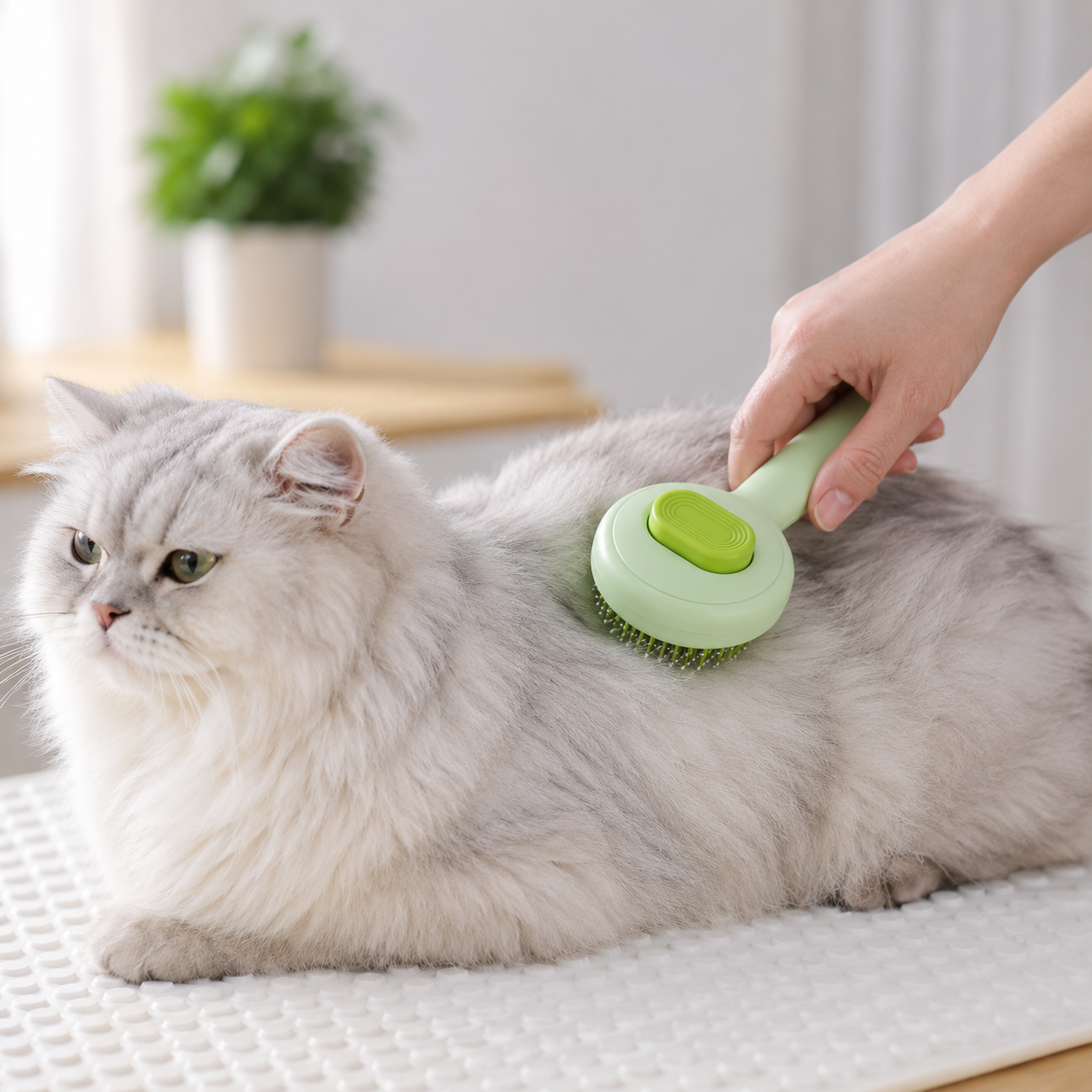 Self-Cleaning Pet Grooming Brush with One-Click Hair Removal for Cats and Small Dogs - Green