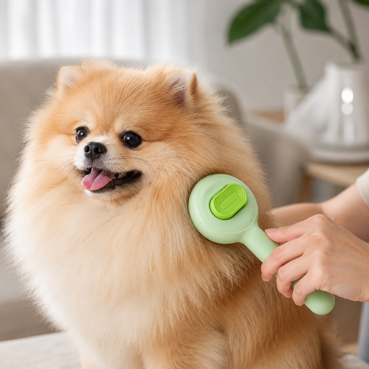 Self-Cleaning Pet Grooming Brush with One-Click Hair Removal for Cats and Small Dogs - Green