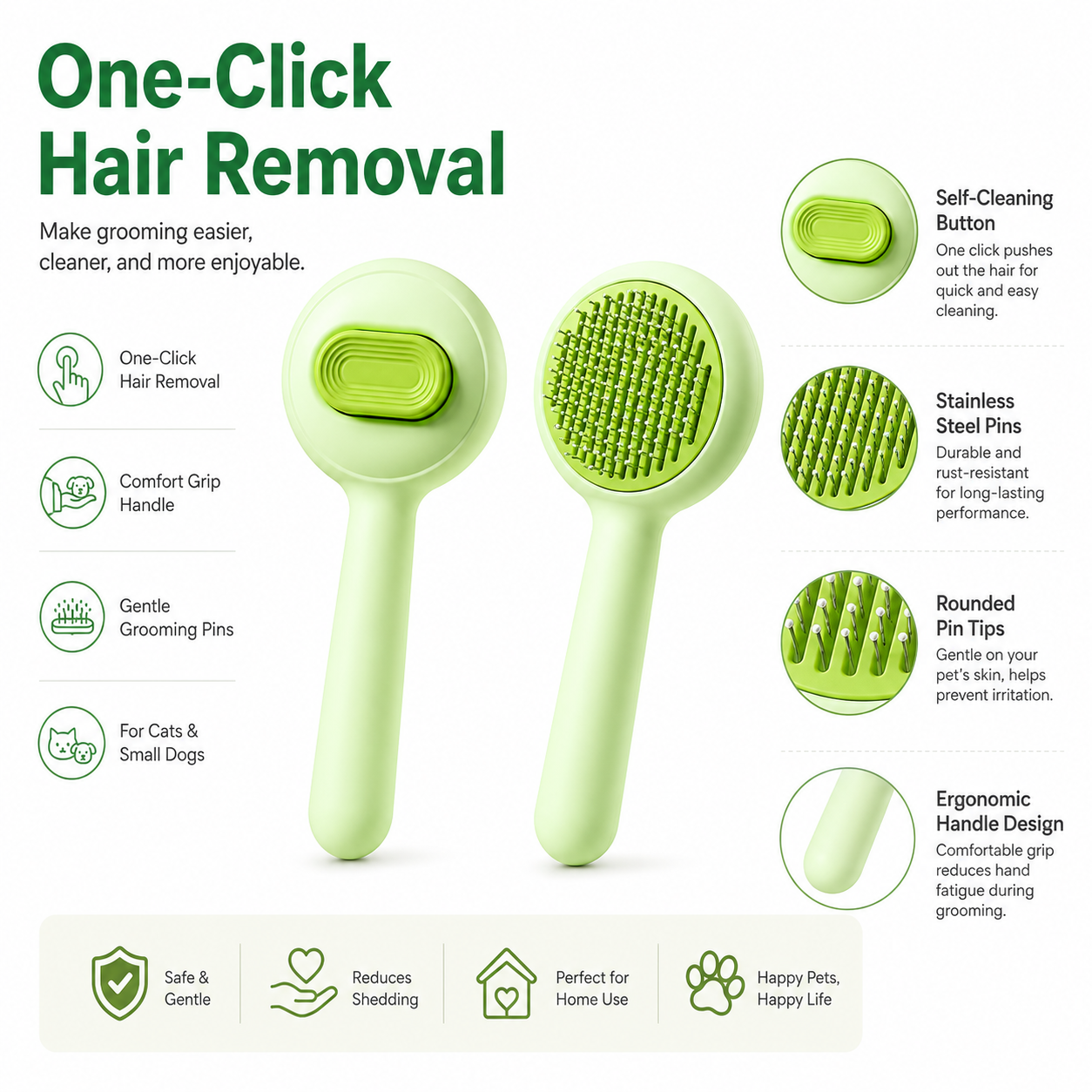 Self-Cleaning Pet Grooming Brush with One-Click Hair Removal for Cats and Small Dogs - Green