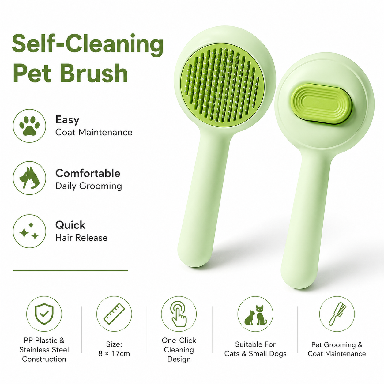 Self-Cleaning Pet Grooming Brush with One-Click Hair Removal for Cats and Small Dogs - Green