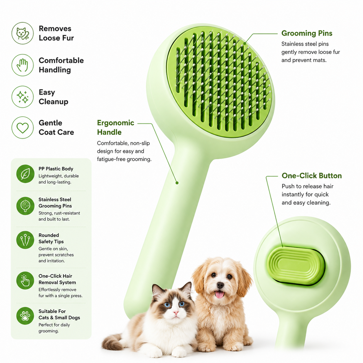 Self-Cleaning Pet Grooming Brush with One-Click Hair Removal for Cats and Small Dogs - Green